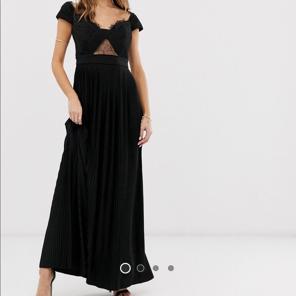 ASOS BLACK PLEATED OFF SHOULDER LACE TRIM DRESS 0